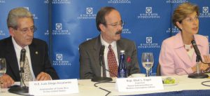 ambassadors Ambassador Luis Diego Escalante of Costa Rica, Rep. Eliot L. Engel, D-N.Y, and Ambassador Carolina Barco of Colombia discuss how their countries can cooperate to fight drug trafficking and violence at a conference sponsored by B’Nai B’rith. SHFWire photo by Justin Anthony Monarez