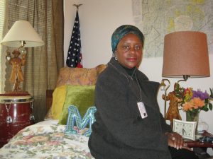 IMG_1145_1 Marguerita Clarkson, who decorated her room with an American flag and a map of Washington, said she feels calm in her space. SHFWire Photo by Cindy Von Quednow