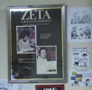 Images of original Zeta co-directors Jesus Blancornelas and Héctor "Gato" Felix keep their legacies alive at the Zeta offices.Credit: Claudio Rocha/Quiet Pict