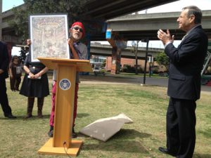 The Mayor Bob Filner was presented with a special work of art by Mario Torero at the event, titled “Laura” based on the image of Laura Rodriguez, who is considered the Mother of Chicano Park.