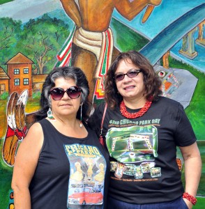 Josephine Talamantez (right) with Tommie Camarillo of the Chicano Park Steering Committee. Photo by Sande Lollis.