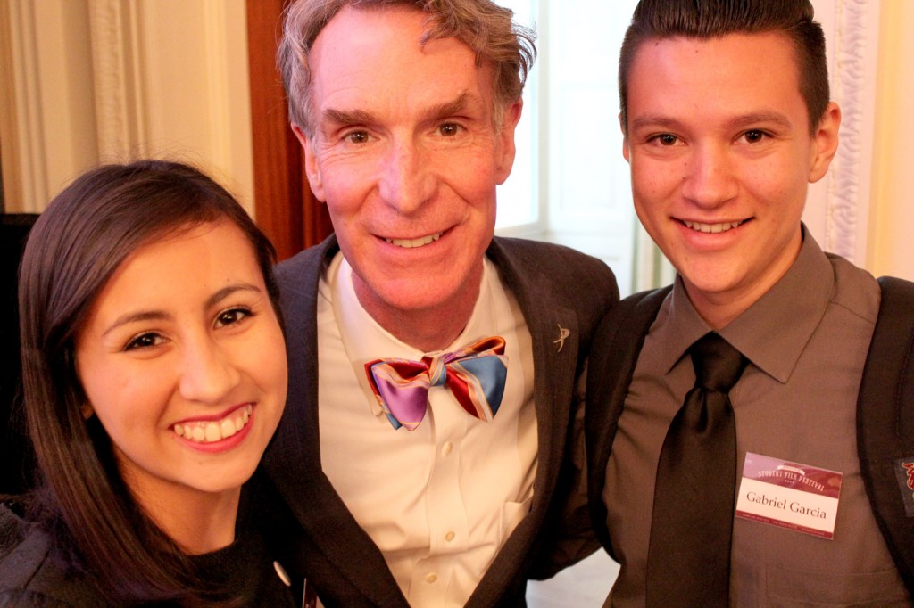 Bill Nye, the Science Guy pictured with student filmmakers Tirsa Mercado and Gabe Garcia