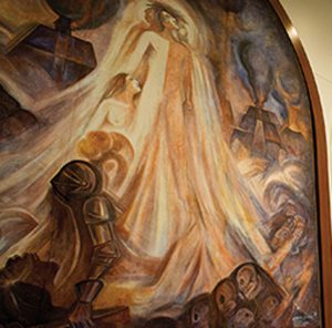 The three-panel mural “Triptico” was rededicated in the brand new Montezuma Hall. This is the first of three panels, CREPUSCULO (Sunset).