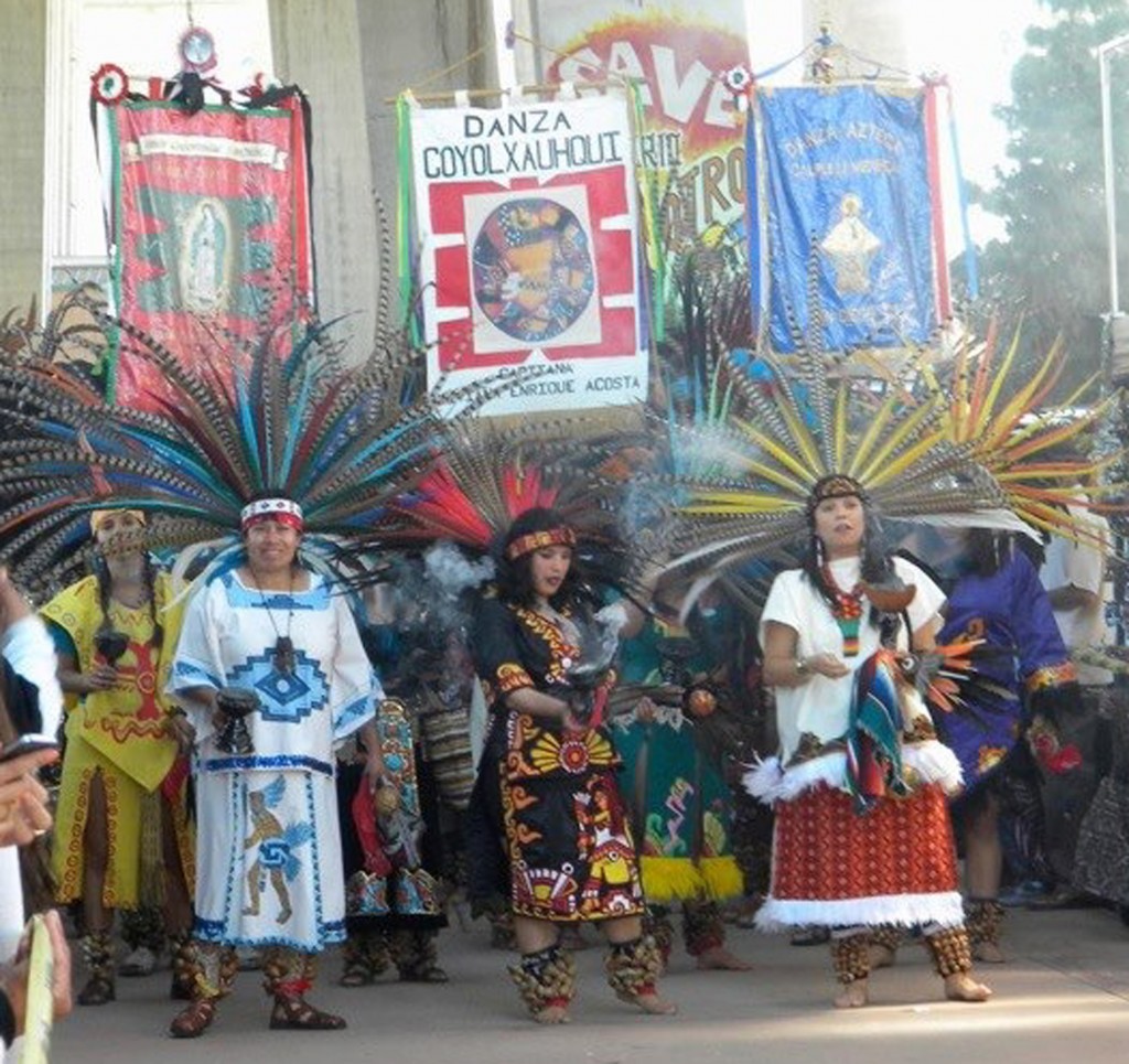 Visitors to Chicano Park Day will experience traditional music and dance, including one of the most beautiful performances of Aztec Indigenous dance, coordinated by Danza Azteca Calpulli Mexihca.  Picture from last year’s event courtesy of Chicano Park Steering Committee. 