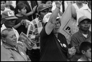 Beatriz Chavez, a farm worker organizer for CIOAC, cheers at the last rally of Celerino Garcia’s election campaign. Chavez was later imprisoned for her activity in fighting for the housing rights of farm workers in the San Quintin Valley.