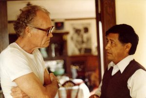 Fred Ross Sr. and Cesar Chavez on Grove Street in 1979 leading United Domestic Workers Organizing Training