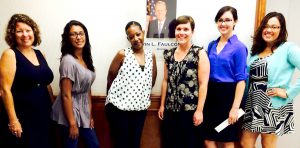 Kristin Kuriga of First Unitarian Universalist, Reverend Gerald Brown of United African American Ministerial Action Council, Rabbi Laurie Coskey of Interfaith Center for Worker Justice and workers Jessie Thomas and Biviana Lagunas before meeting with San DIego Mayor Kevin Faulconer.