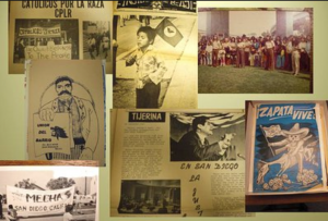 Newspaper clippings, pamphlets, and photos depict Chicano history through the years