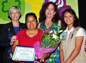 Adela Resendiz received the Honor Pin at Girl Scouts San Diego’s Volunteer Celebration. Pictured, left to right: Girl Scouts San Diego COO Gerry Keshka, Adela Resendiz, Girl Scouts San Diego Board Chair Debbie Rider and Cassandra Ugarte of Cadette Troop 5260.