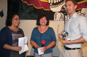 AT THE CENTRO: Left, Norma Chavez Peterson, ACLU Executive Director, Deborah Fritsch, Board President, and Attorney Sean Riordan, head litigator of the “coerced departure” lawsuit. (Phto: Mark R. Day)