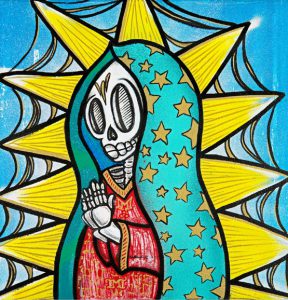 La Guadalupana as a Día de los Muertos calaca.