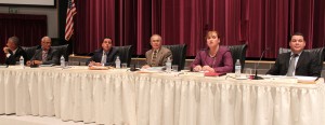 San Ysidro School District starts the year with a new board. From left to right: Jose Barajas, Rodolfo Linares, Antonio Martinez, board president, Superintendent George Cameron, Lucciana Corrales, and Marcos Diaz, board vice-president.