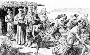Frustrated First Baptism at San Diego. Fr. Serra and the other missionaries faced many difficulties in converting the Tipais and Ipais. (PD) Drawing: A.B. Dodge