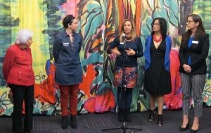 Excutive Director, Linda Caballero Sotelo, discusses the museum re-opening at the press conference. Pictured left to right: Deborah Szekely, Founder and Chair, Adriana Martinez, Guest Curator, Sotelo, Carolyn Castaño, Artist, and Leticia Gomez Franco, Director of Programs. Photo by Mimi Pollack