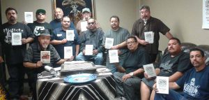 Car Club members hitting the road for Japan, from left to right standing row: Rick Alvarez, Francisco Aguilar, Jose Arreguin, Francisco Zamudio Jr, Juan Reyes, Francisco Zamudio Sr, David Crosswaite. Sitting from left to right: Rigo Reyes, Ray Ulloa, Raul Robledo, Manuel Arellano, Victor Cordero 
