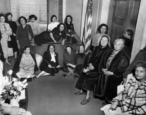 Chavez Ravine home owners stage a sit-in outside the office of Mayor Bowron to protest their evictions.