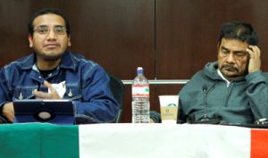 Vidulfo Rosales, public interest attorney for the state of Guerrero, left, and Felipe de la Cruz, professor at Raul Isidro Burgos Rural Teachers College in Ayotzinapa, brief journalists and students at the University of the District of Columbia of the missing 43 Mexican students. Cruz’s barely escaped the kidnapping. SHFWire photo by Jose Soto