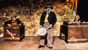 Miguel Ángel Rodriguez (Bartolomeus) and L-R) Ariadnalí de La Peña (Comino) in La Jolla Playhouse’s presentation of Inmigrantes Teatro de Baja California’s KIKIRICAJA: UNA HISTORIA DE PAYASOS, running in the Playhouse’s Rao and Padma Makineni Play Development Center March 6 – 8; photo by Alejandro Montalvo.