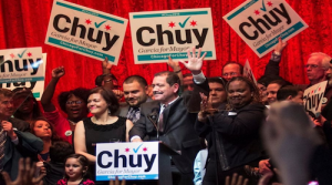 Jesus “Chuy” García, celebrates his place in the runoff for mayor.