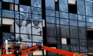 Photographic murals of Cesar Chavez and farmworker movement at the new Ed Center.