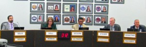 Sweetwater School Board Members from left to right: Arturo Solis, Paula Hall, Nicholas Seguro, Superintendent Phillip Stover, and Frank Tarantino. Absent from this meeting was Kevin Pike.