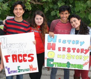 San Diego Unified students rally for Ethnic Studies in the classroom. From left to right: Luis Chavez, Aimee Molina, Kevin Sarabia and Lissa Garcia  