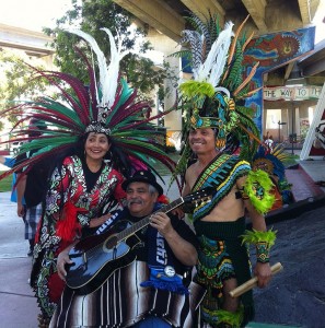 Ramon “Chunky” Sanchez with Danza Azteca Capulli Mexihca Aida and Juan Flores. The group is scheduled to perform during the Grand Opening event on October 28 for the César E. Chávez Continuing Education.
