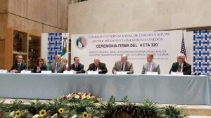 At the head table, from left to right: Christopher M. Peregrin, Tijuana River National Estuarine Research Reserve Manager; German Lizola, representing the Governor of Baja California; Mauricio Ibarra Ponce de Leon, Director General of Special Affairs for Mexico’s Ministry of Foreign Affairs; Roberto F. Salmon Castelo , IBWC Mexico Section Commissioner; Edward Drusina, U.S. IBWC Commissioner; William A. Ostick, U.S. Consul General in Tijuana; and David Gibson, Executive Officer of the San Diego Regional Water Control Board